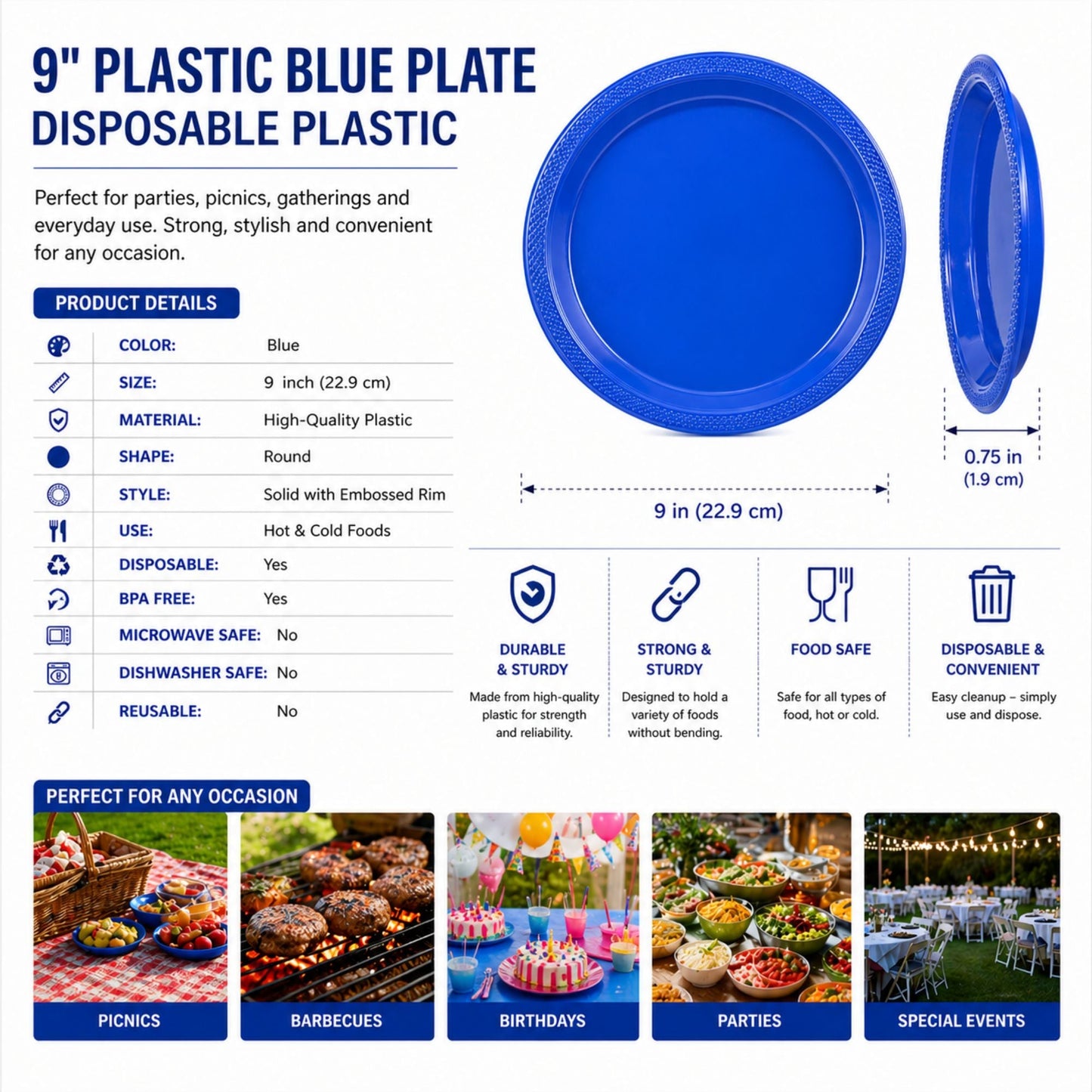 *BUY BULK* 9" Blue Plastic Plates Disposable Plastic Disposable Plates Hanna K Signature