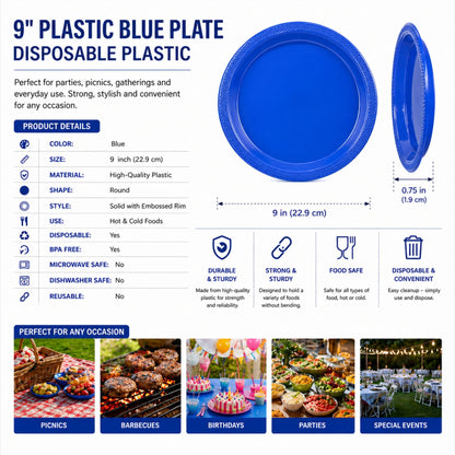 *BUY BULK* 9" Blue Plastic Plates Disposable Plastic Disposable Plates Hanna K Signature