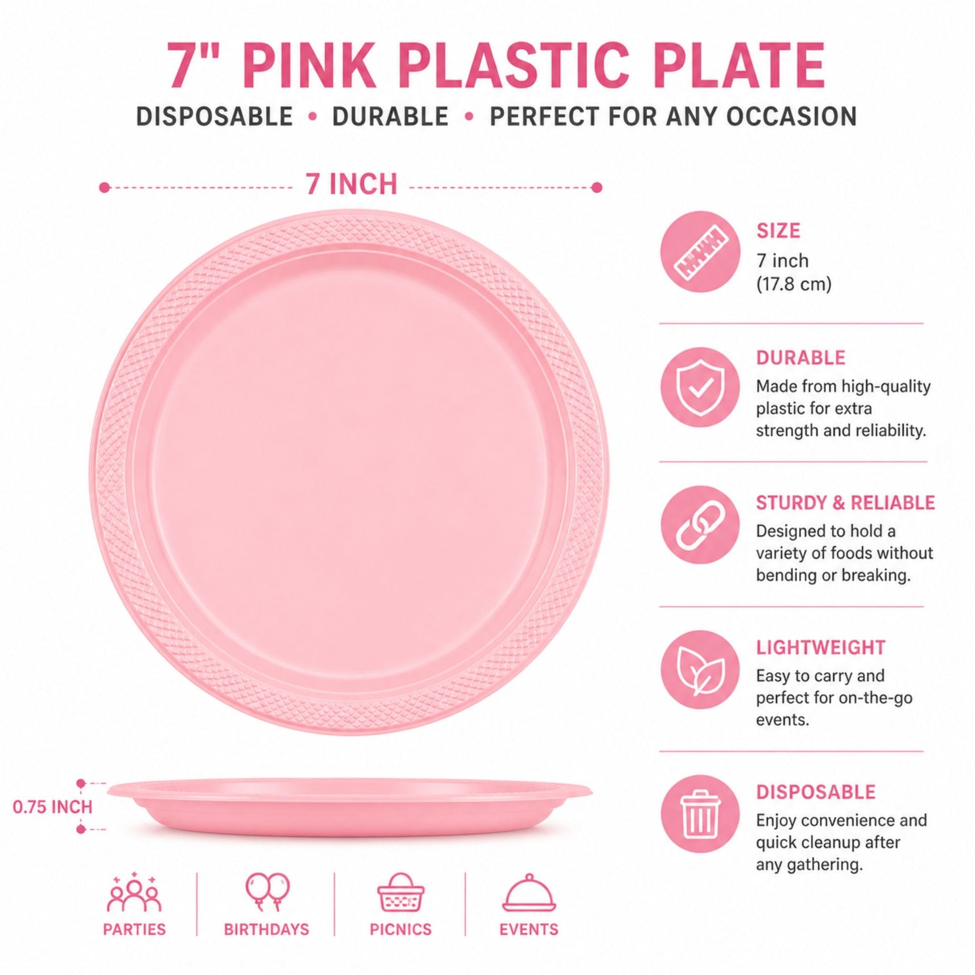 7" Pink Plastic Plate Disposable Durable Disposable Plates Party Dimensions