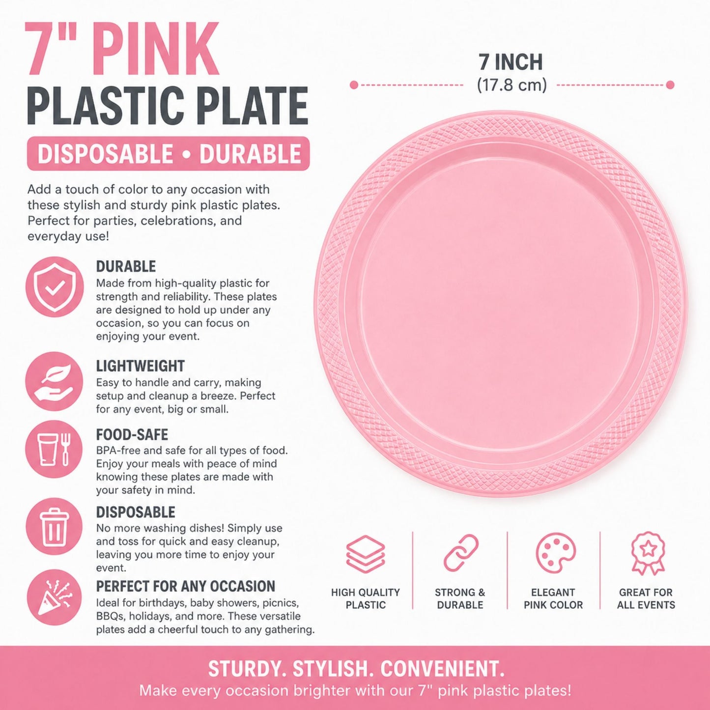 7" Pink Plastic Plate Disposable Durable Disposable Plates Party Dimensions