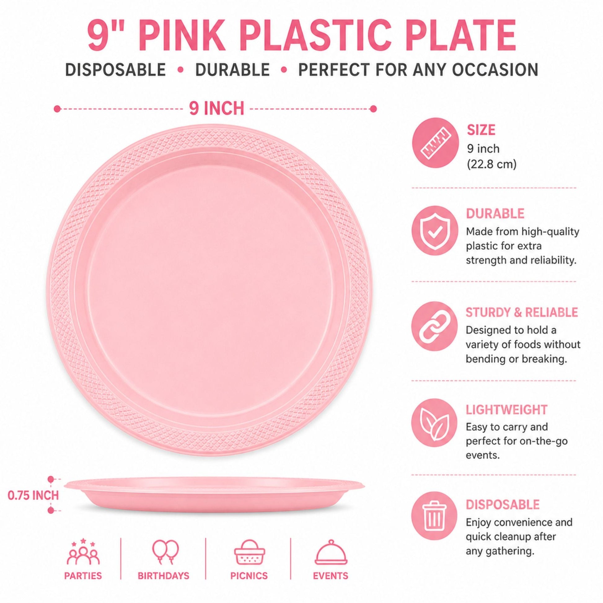 9" Pink Plastic Plate Disposable Durable Disposable Plates Party Dimensions