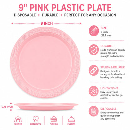 9" Pink Plastic Plate Disposable Durable Disposable Plates Party Dimensions