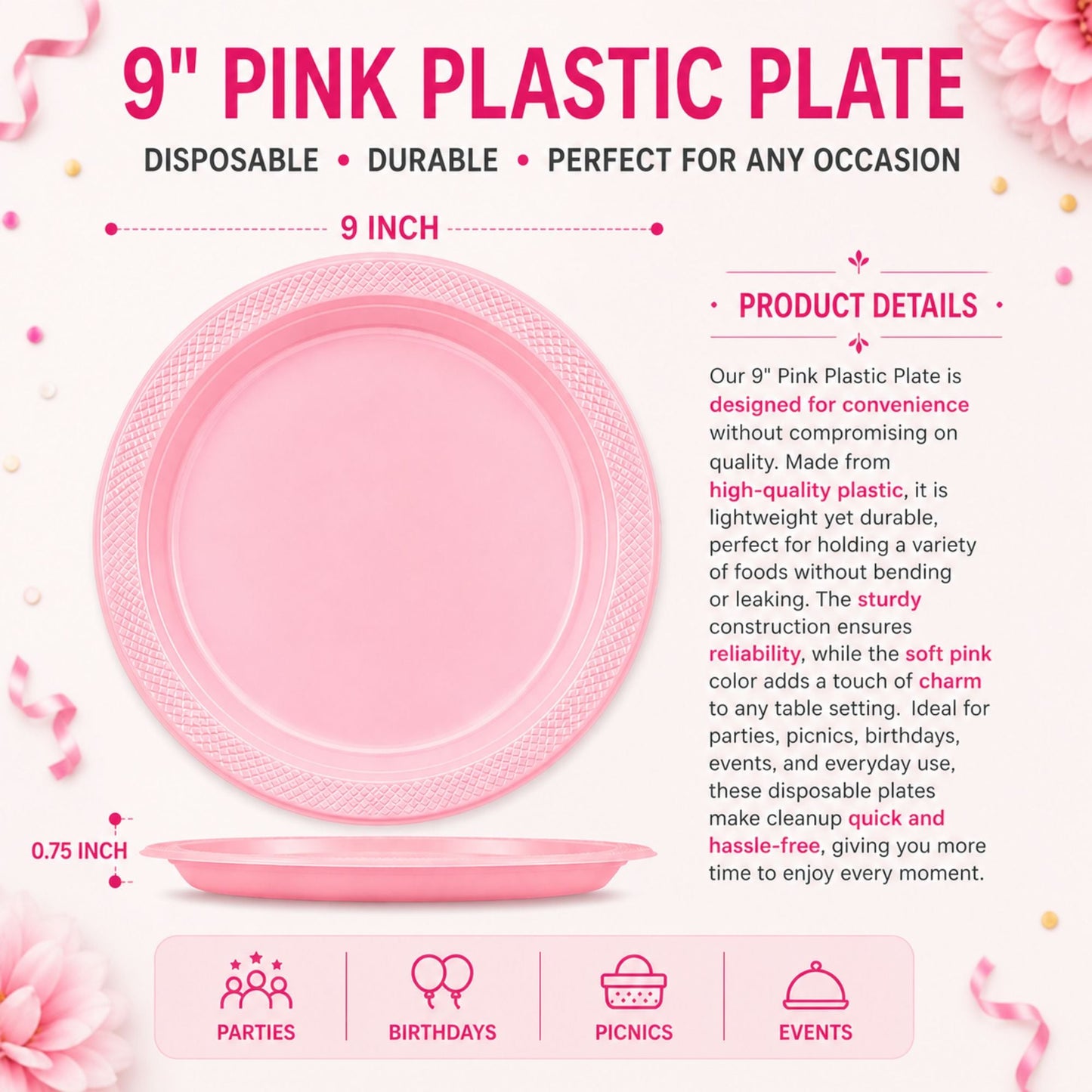 9" Pink Plastic Plate Disposable Durable Disposable Plates Party Dimensions