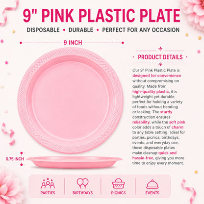 9" Pink Plastic Plate Disposable Durable Disposable Plates Party Dimensions