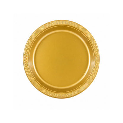 gold plastic disposable plate with textured rim round party dinner plate