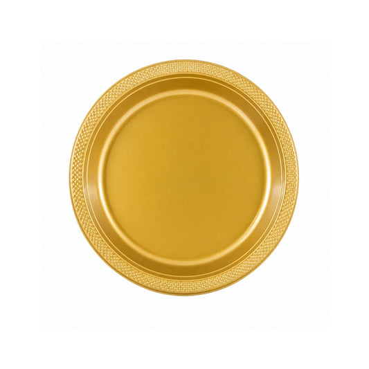 gold plastic disposable plate with textured rim round party dinner plate