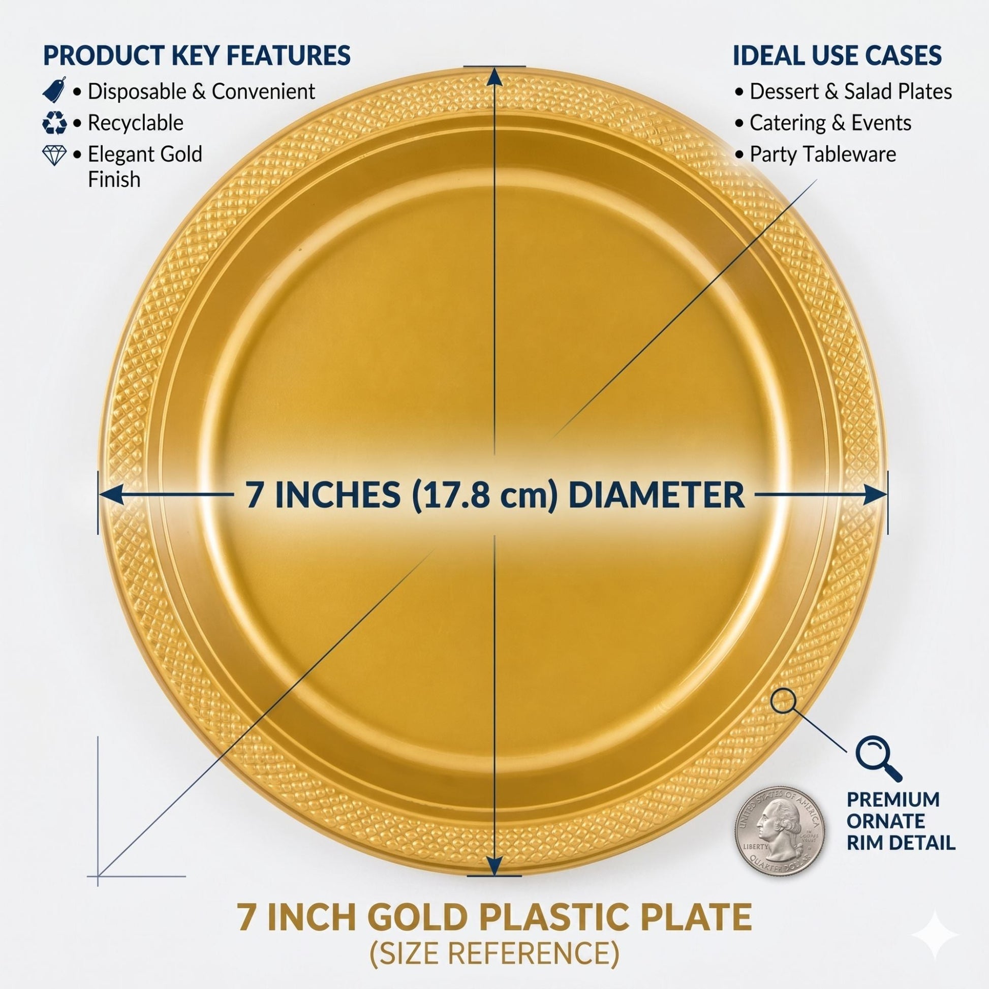 7 inch gold plastic disposable plate size reference 17.8 cm diameter with textured rim detail