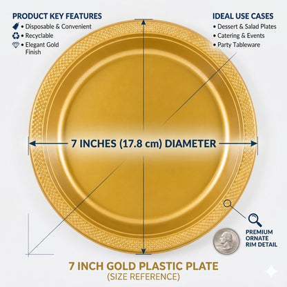 7 inch gold plastic disposable plate size reference 17.8 cm diameter with textured rim detail
