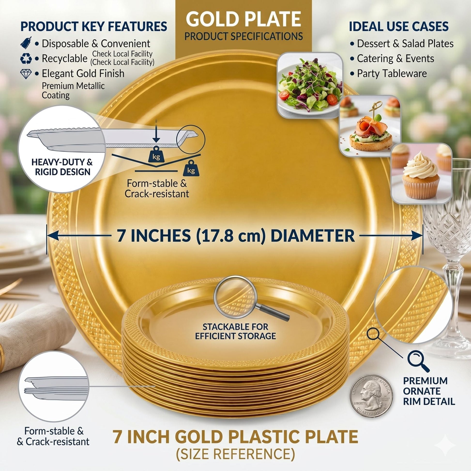 7 inch gold plastic disposable plate product features size 17.8 cm diameter heavy duty party plates