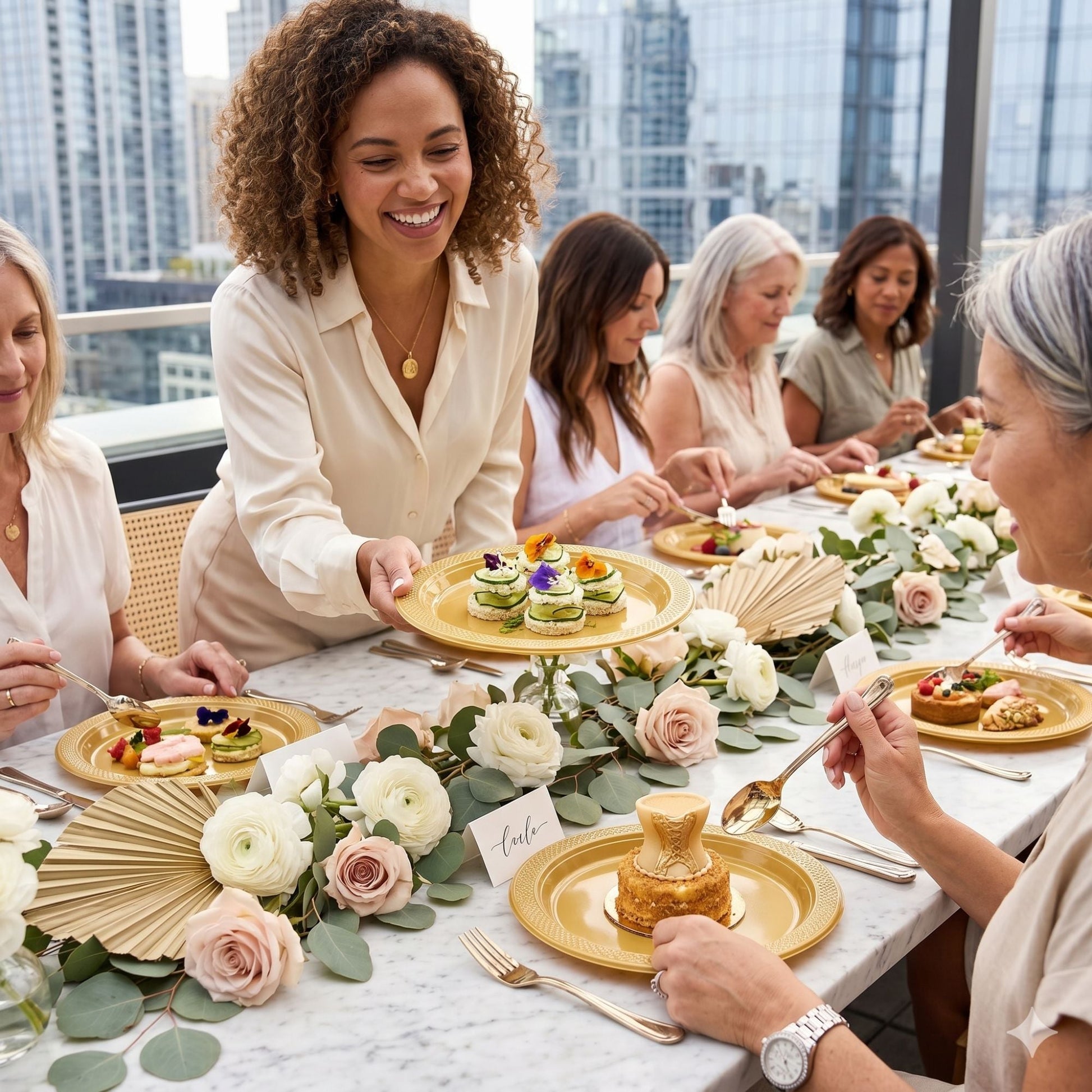 women enjoying brunch using gold disposable plates elegant party table setting outdoor dining