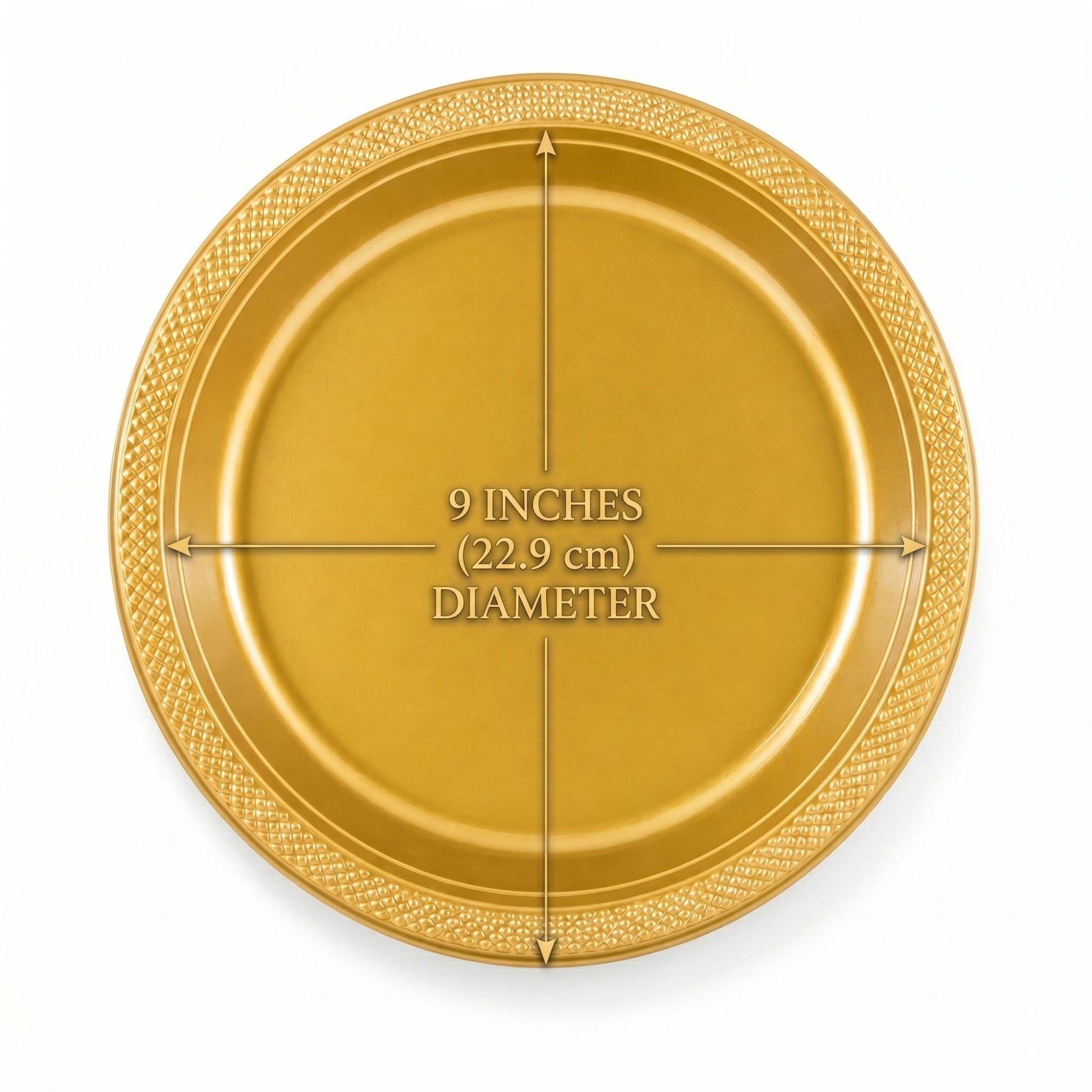 Gold plate with 9 inches diameter measurement on a white background