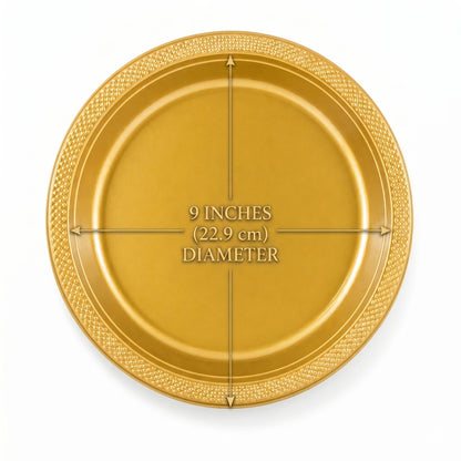Gold plate with 9 inches diameter measurement on a white background