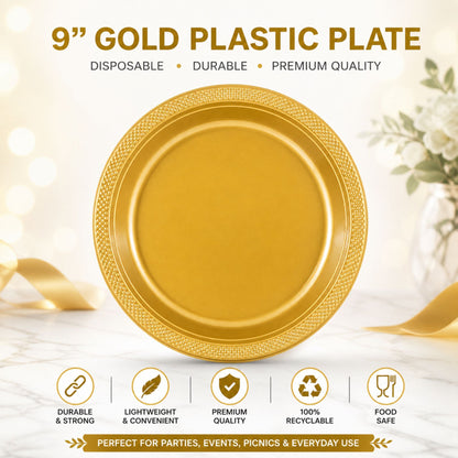 Gold plastic plate with decorative rim on a light background, featuring text about its qualities and uses.