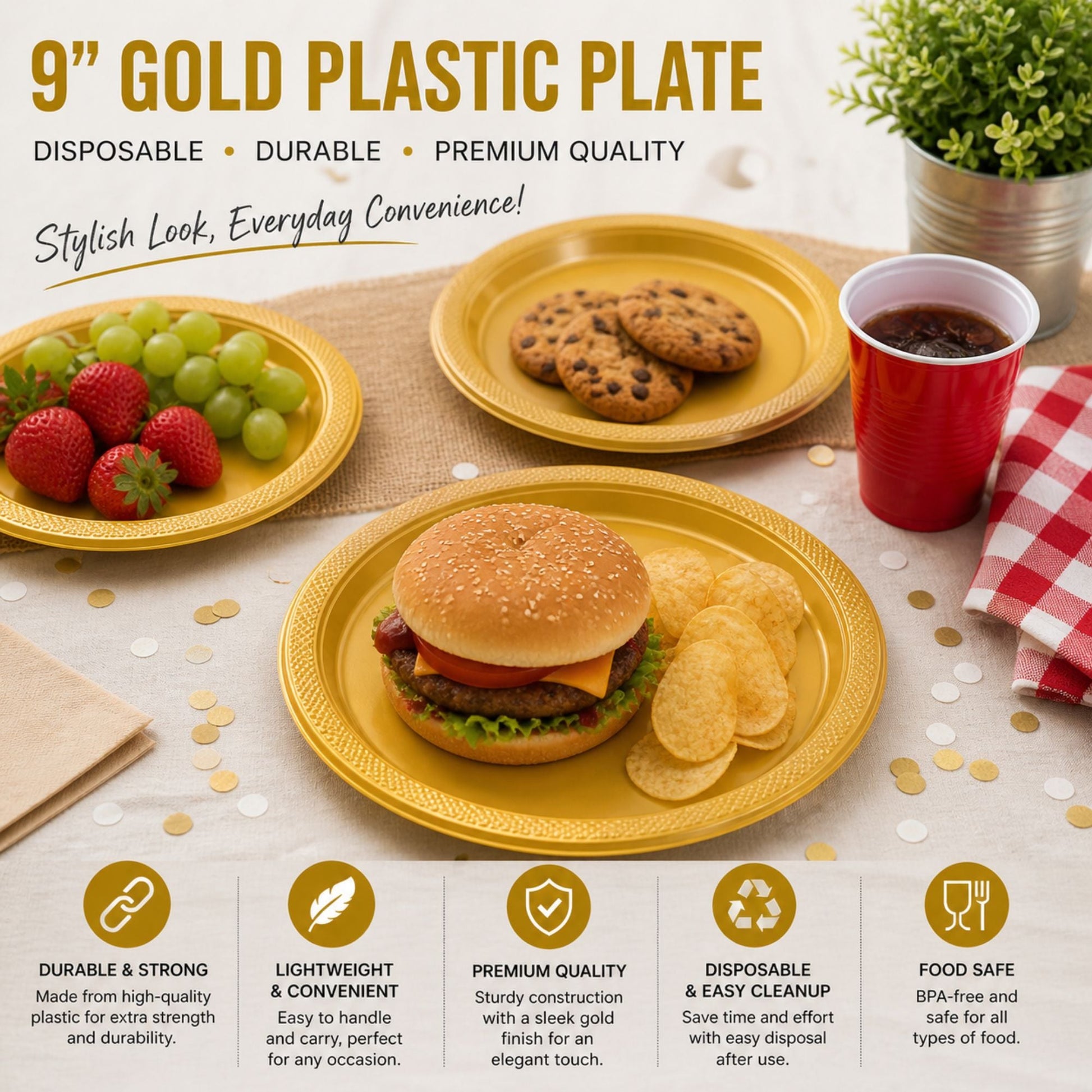 Gold plastic plates with food and a red cup on a table with a plant in the background.