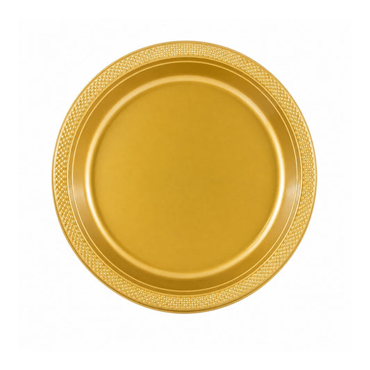 Gold plate with decorative rim on a white background