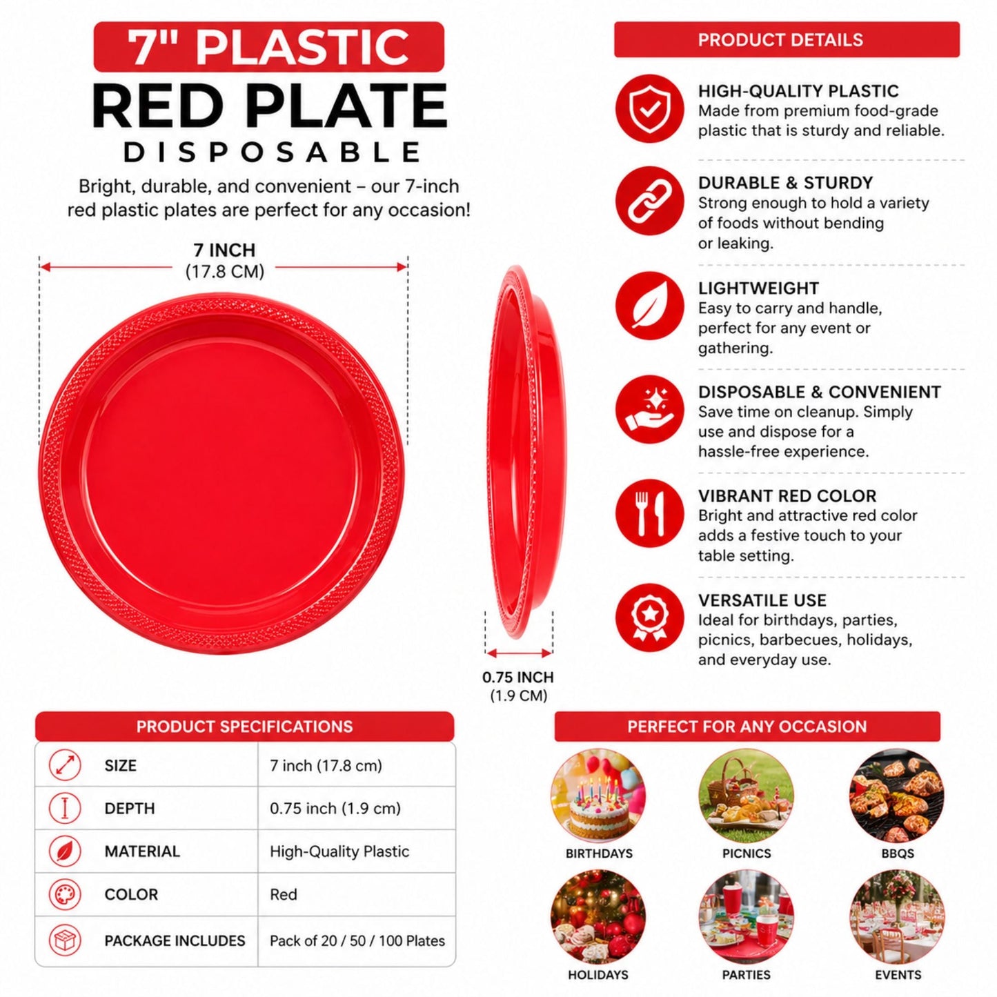 7" Plastic Red Plate Disposable Disposable Plates Party Dimensions