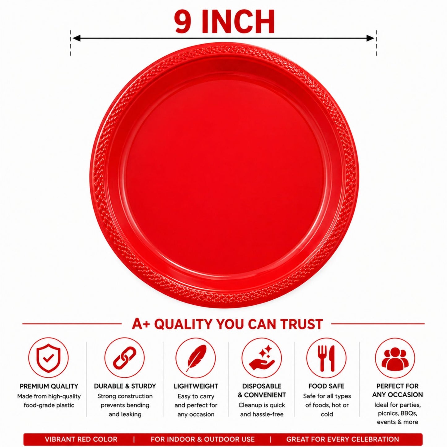 9" Plastic Red Plate Disposable Disposable Plates Party Dimensions