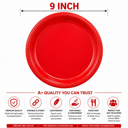 9" Plastic Red Plate Disposable Disposable Plates Party Dimensions