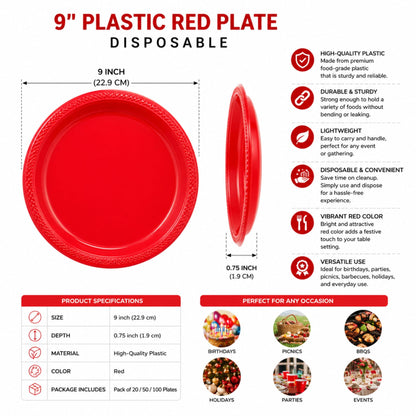 9" Plastic Red Plate Disposable Disposable Plates Party Dimensions