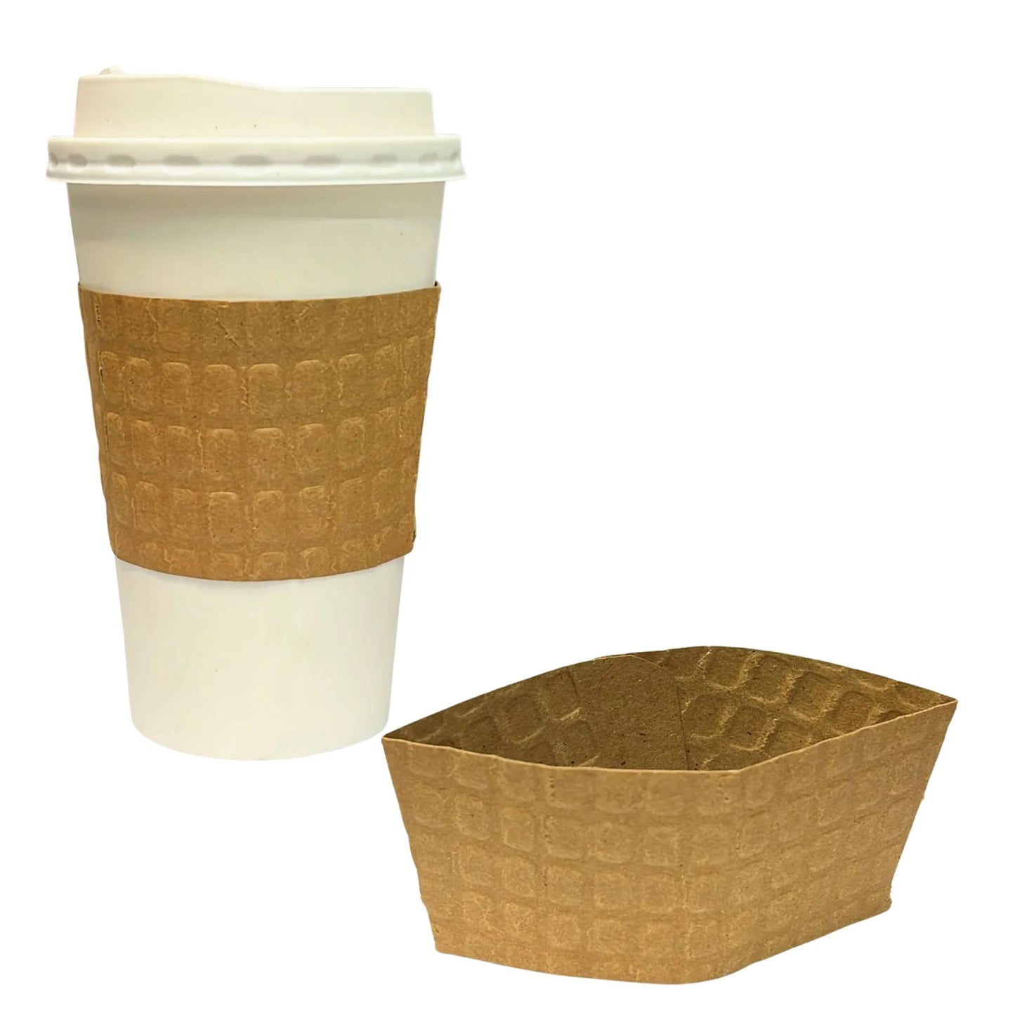 Coffee cup with brown sleeve and matching brown paper plate on a white background