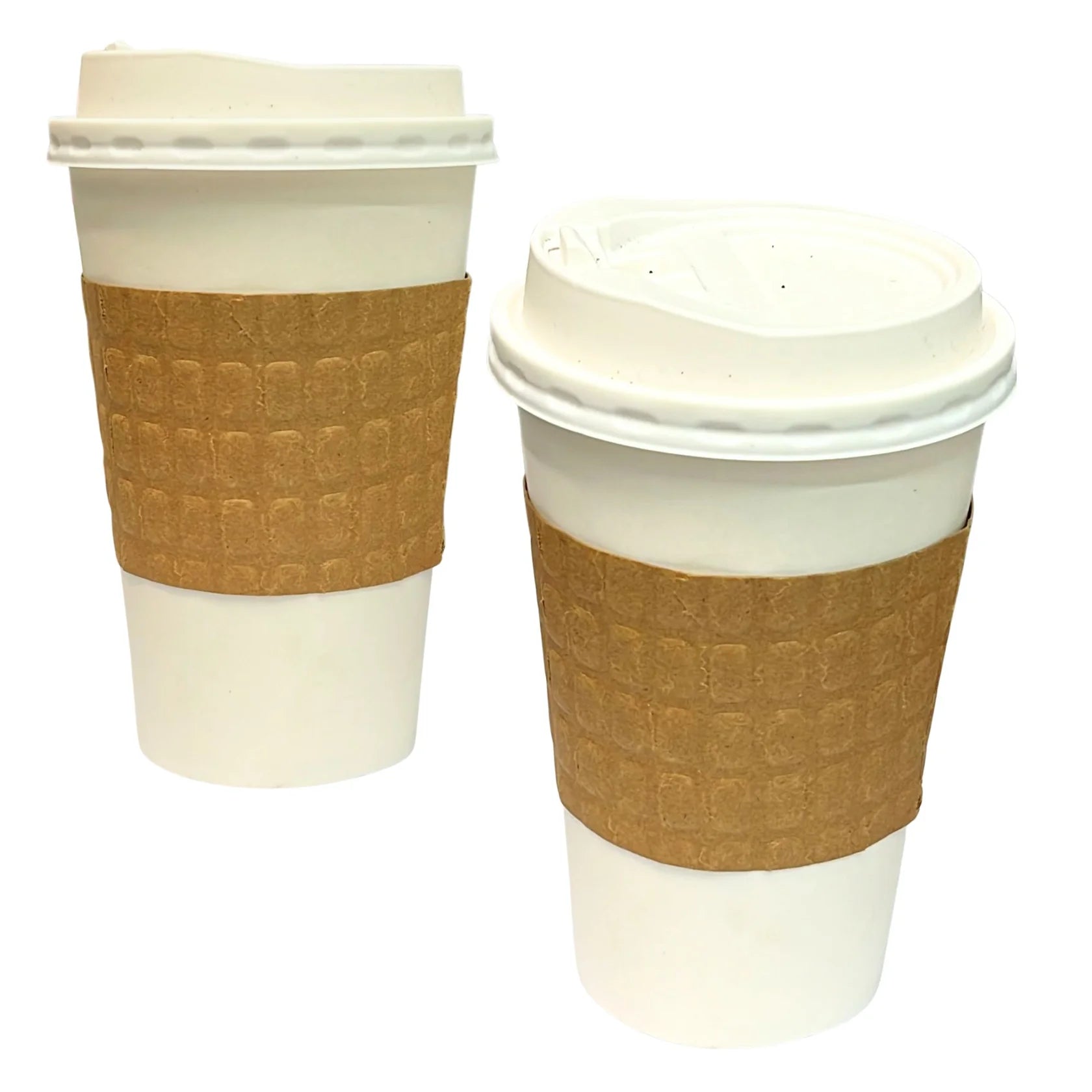 Two paper cups with brown sleeve on a white background