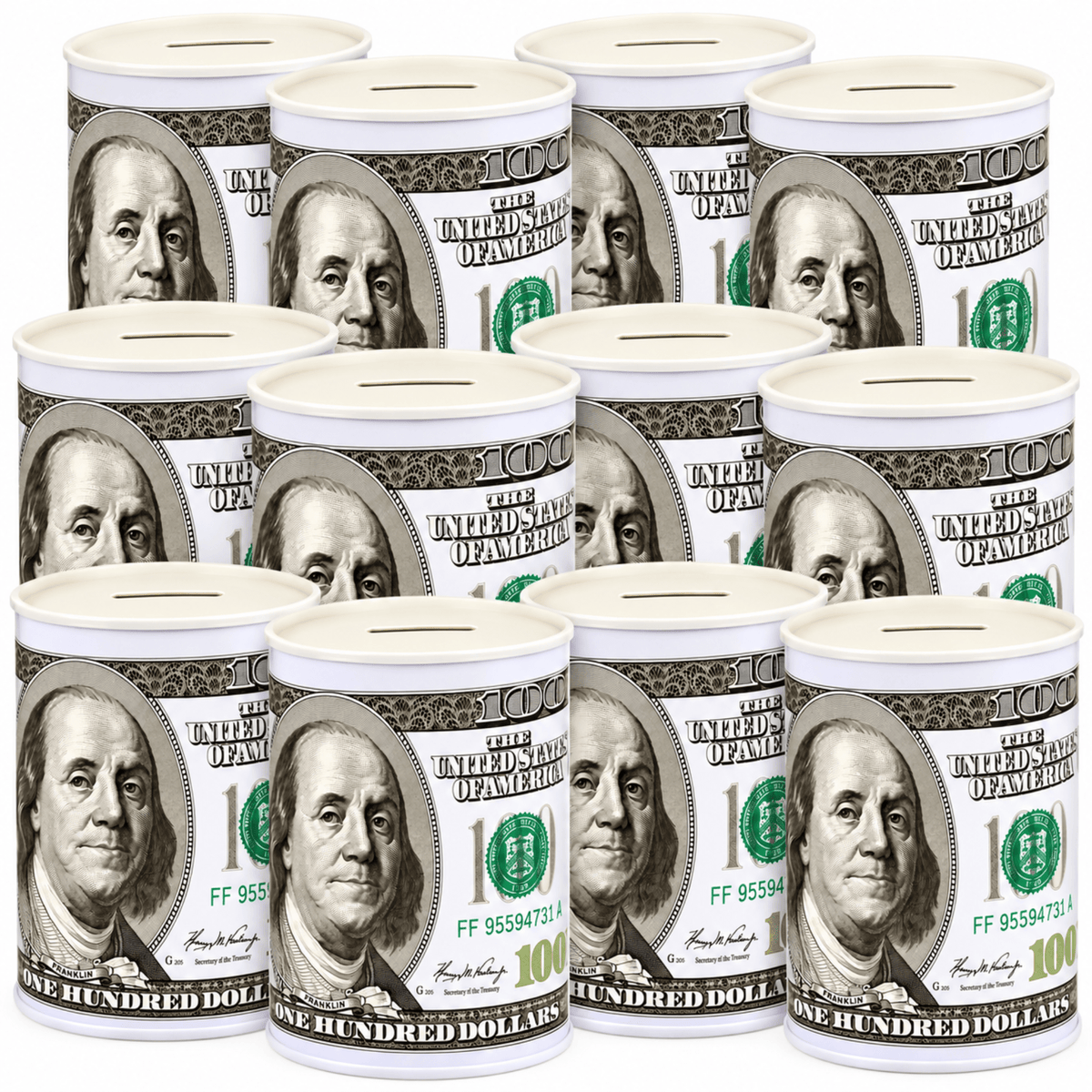 A pack of novelty piggy banks designed to look like one-hundred-dollar bills, arranged in two rows against a plain white background.