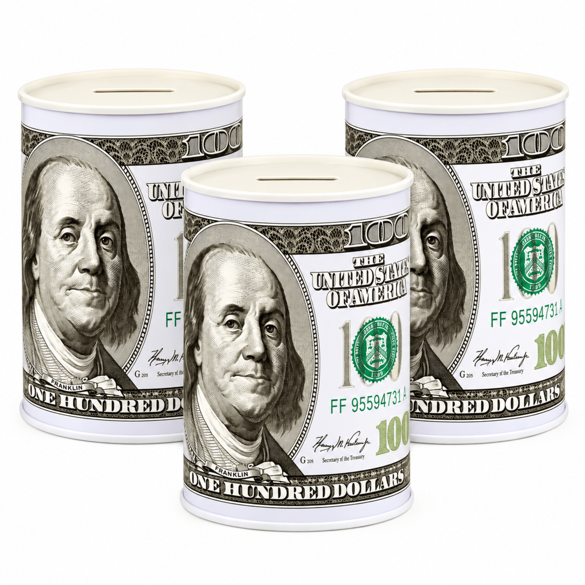 Three cylindrical coin banks designed to look like U.S. 100-dollar bills, arranged on a plain white background.
