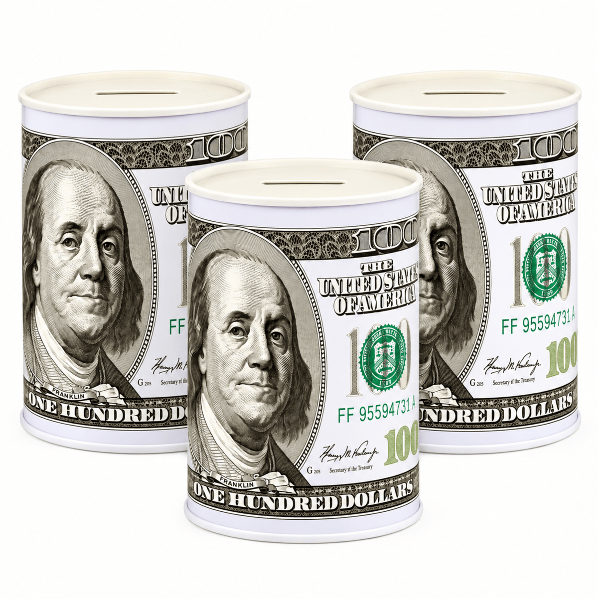 Three cylindrical coin banks designed to look like U.S. 100-dollar bills, arranged on a plain white background.