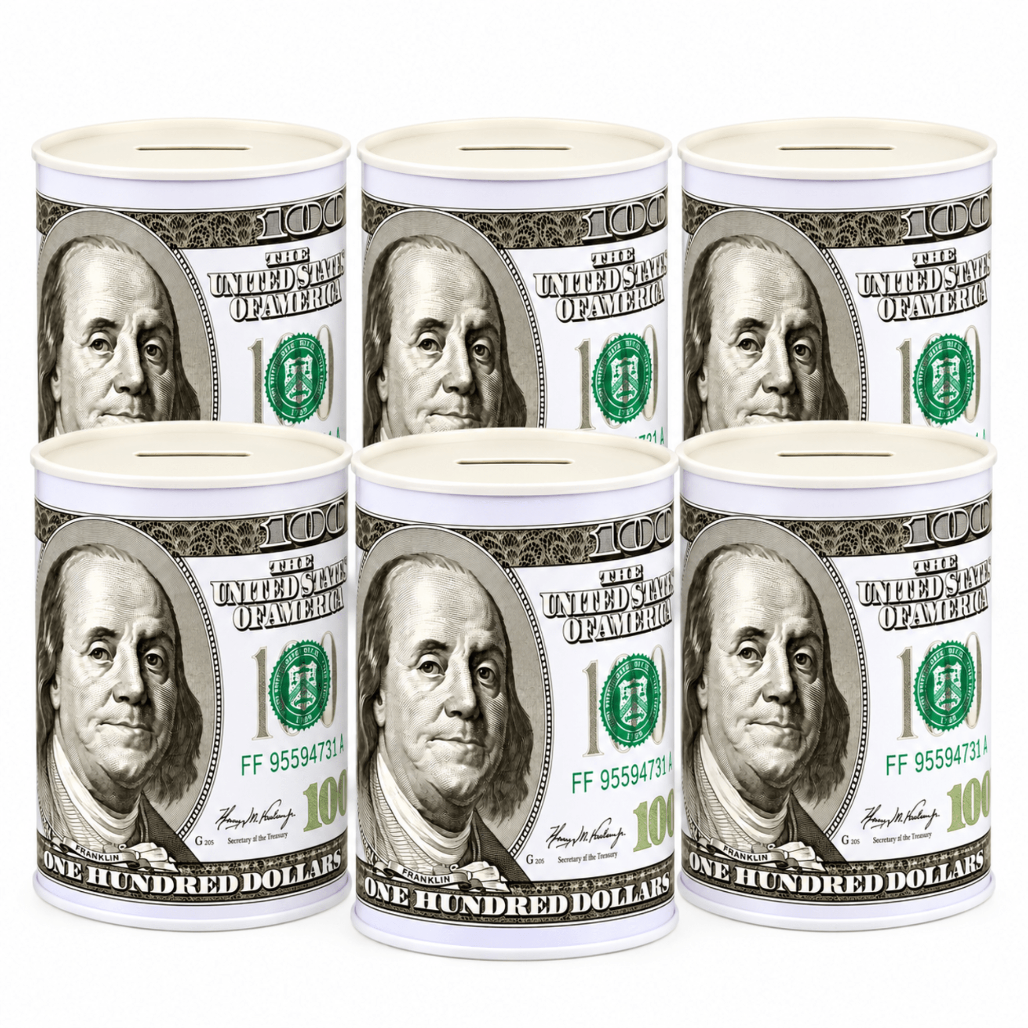 Six cylindrical coin boxes designed to look like one-hundred-dollar bills, arranged in two rows of three on a plain white background.