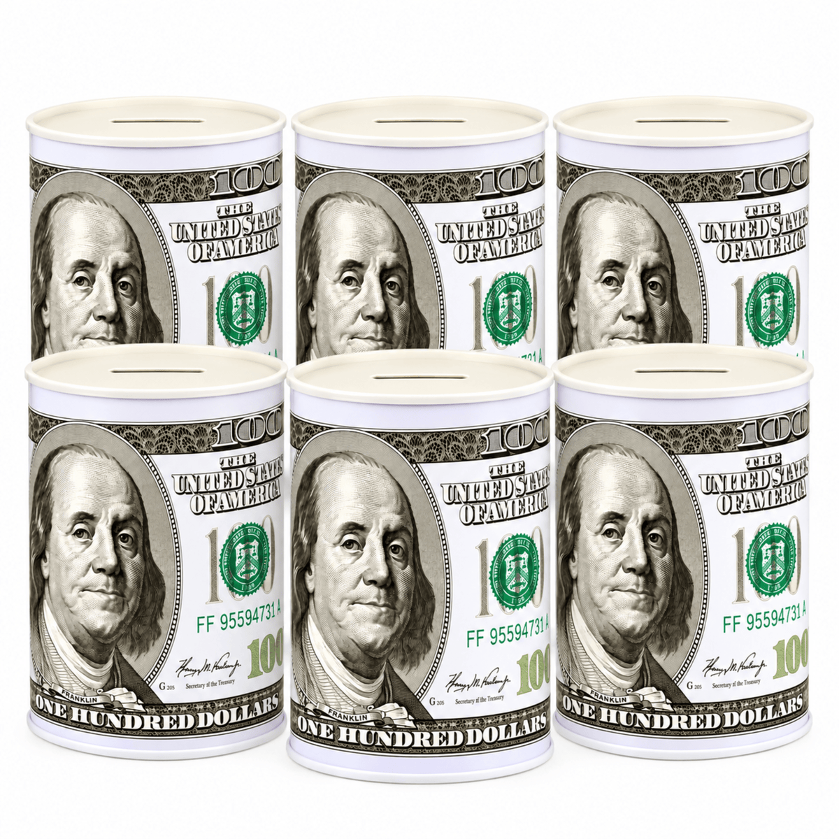 Six cylindrical coin boxes designed to look like one-hundred-dollar bills, arranged in two rows of three on a plain white background.