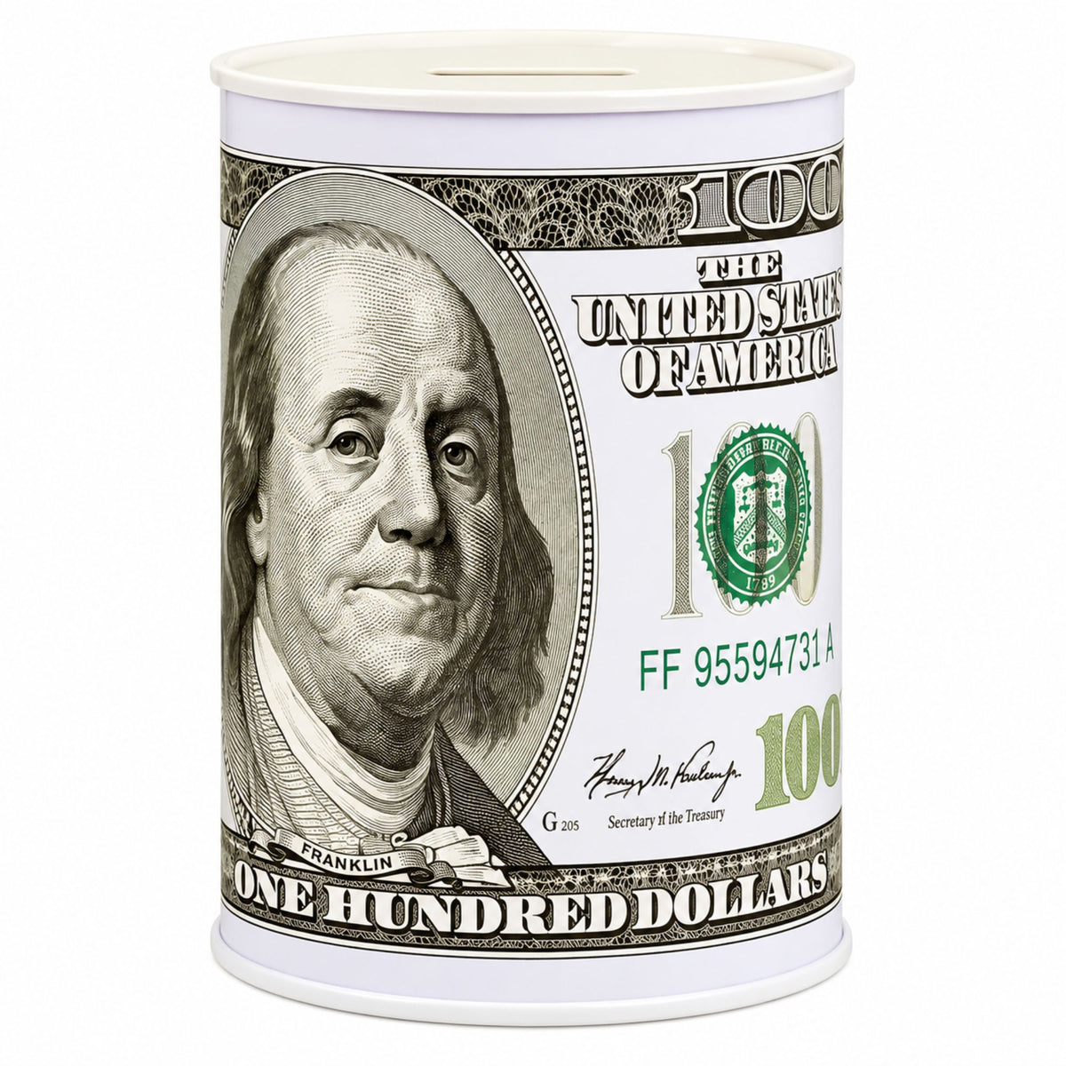 A cylindrical metal money can designed to look like a one hundred dollar bill, featuring a printed portrait of Benjamin Franklin and green security detail details, on a solid white background.