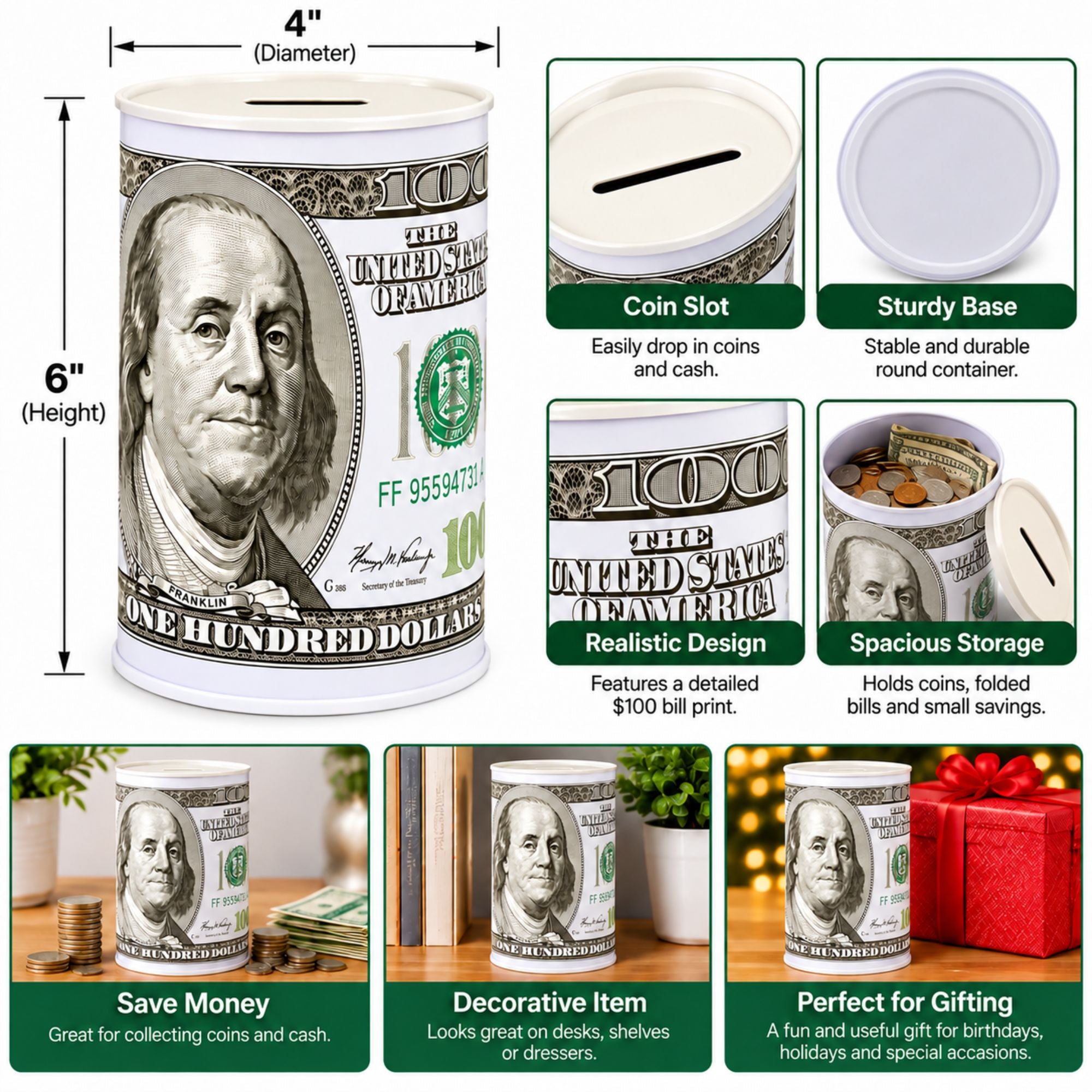 $100 Bill Design Coin Bank, 6 x 4 Inch Money Saving Tin for Coins & Cash