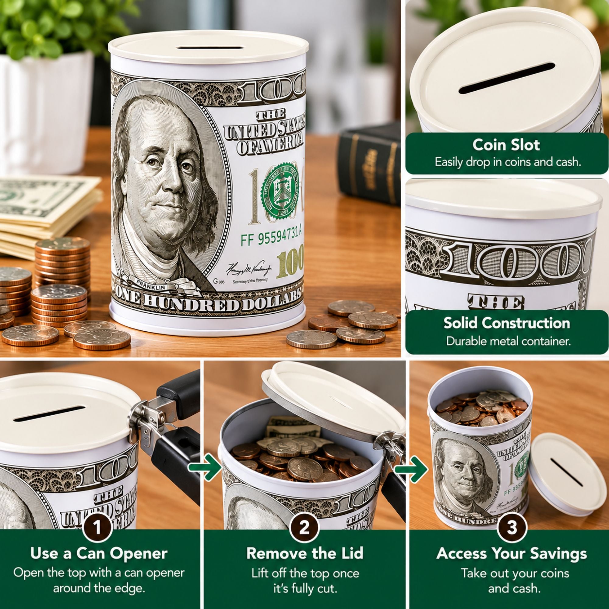 A collage showing a novelty savings can designed to look like a U.S.