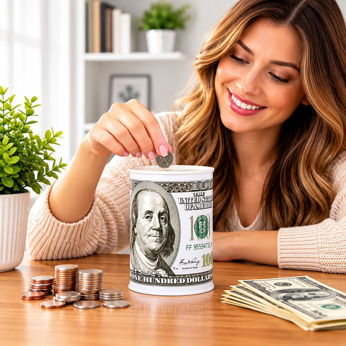 A woman smiling as she inserts a coin into a white cylindrical piggy bank printed with a U.S.