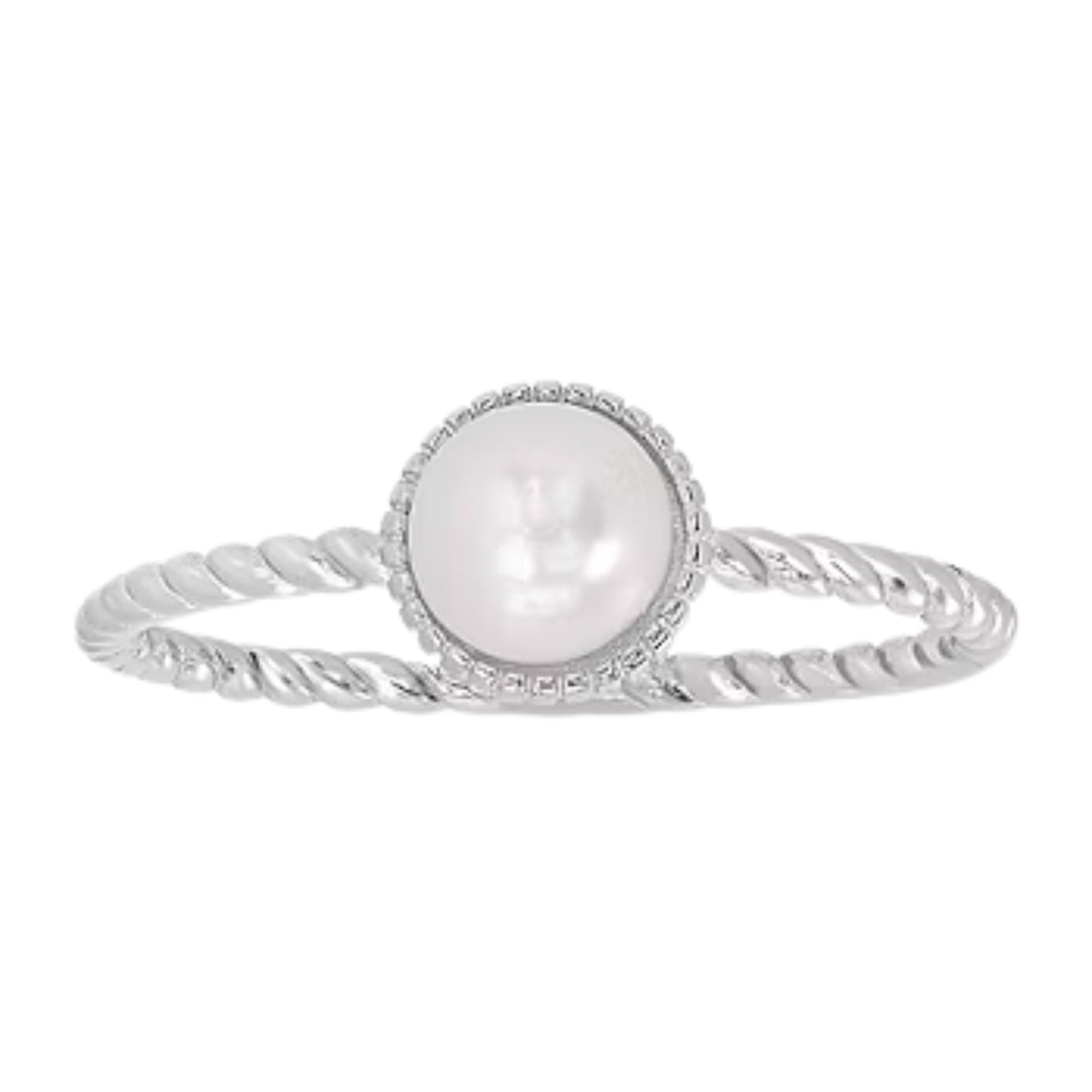 Silver ring with a pearl on a white background