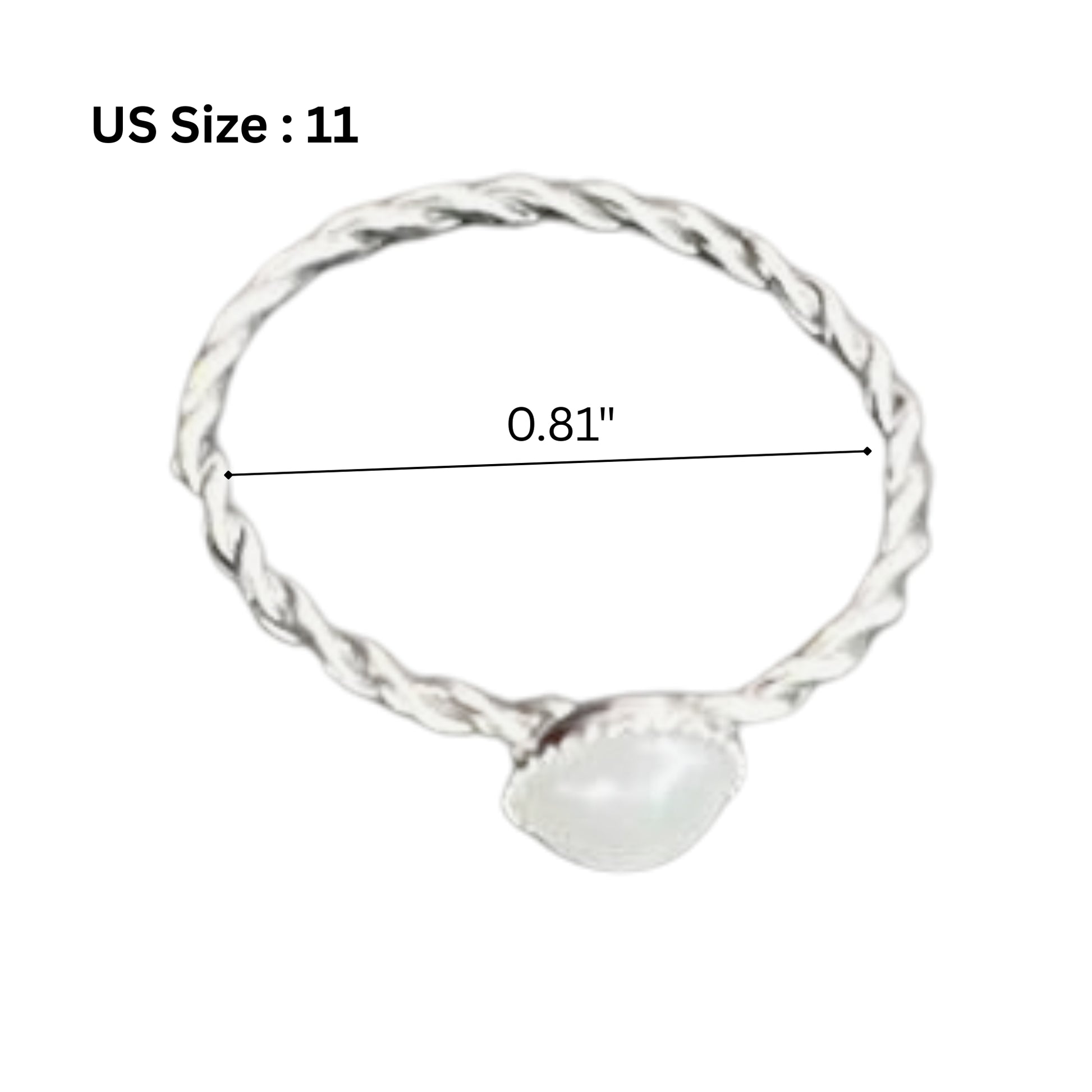 Silver ring with a measurement label on a white background