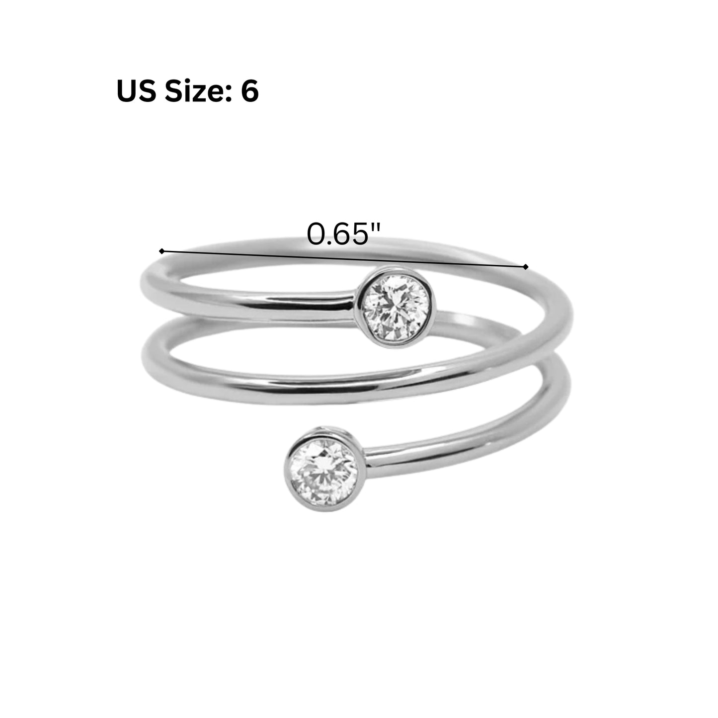 Silver ring with two small diamonds and size 6 label on a white background