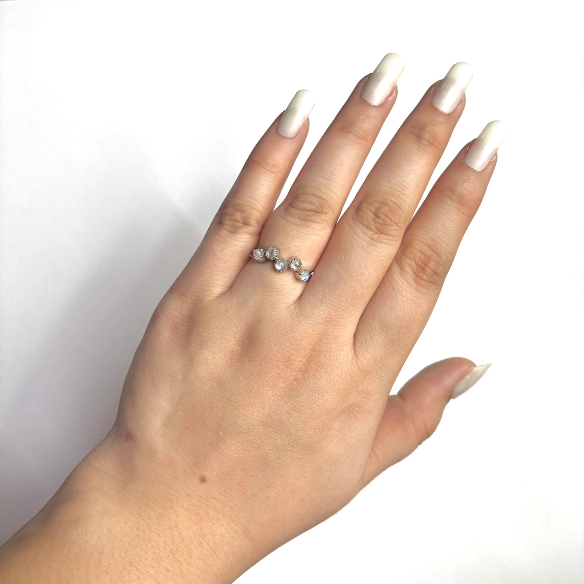 Hand wearing a ring with a white background