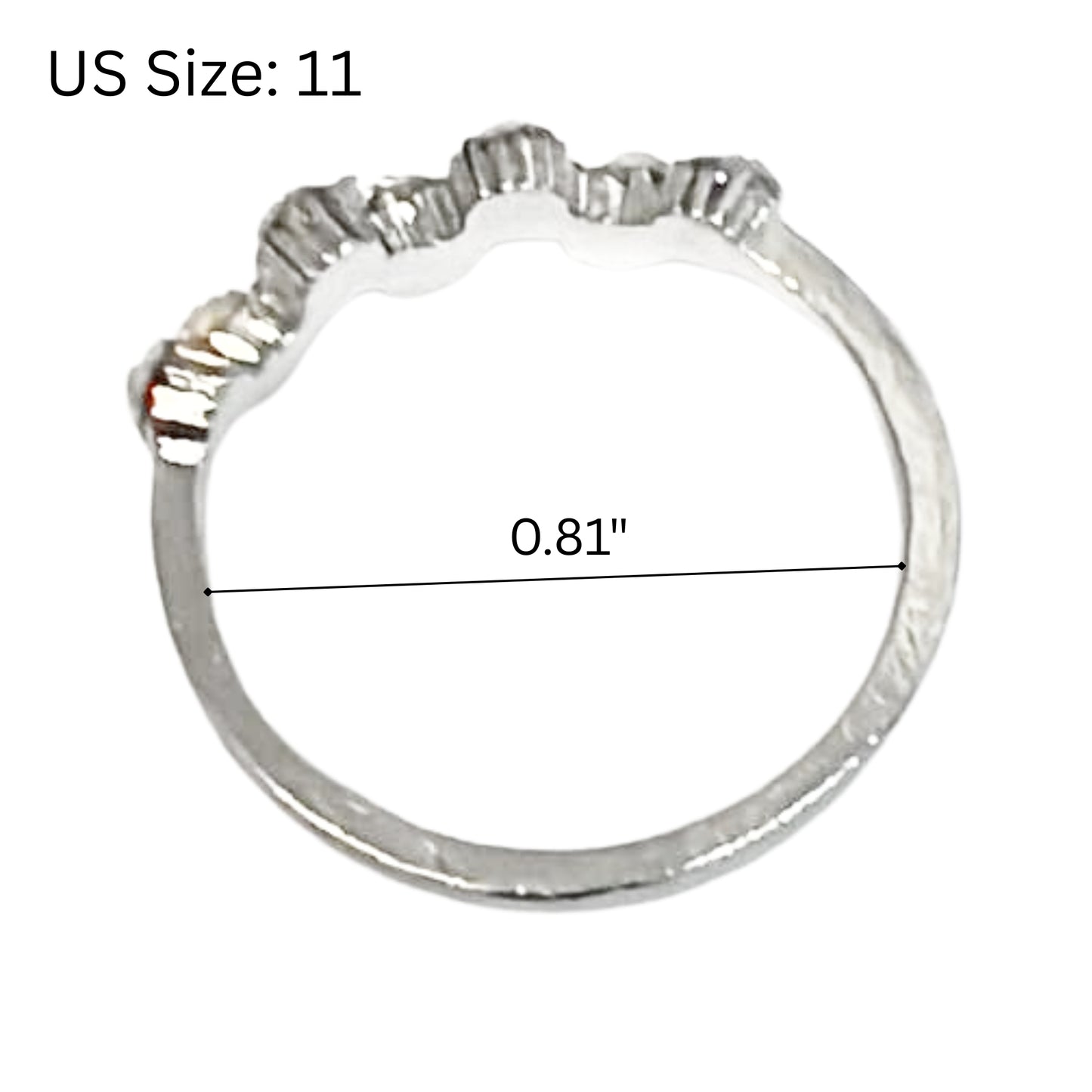 Silver ring with measurement details on a white background