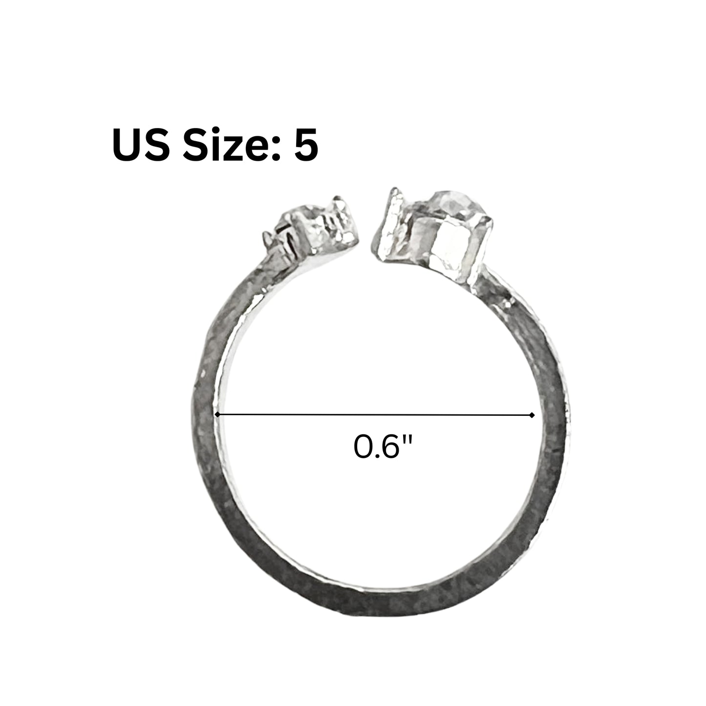 Silver ring with measurements on a white background