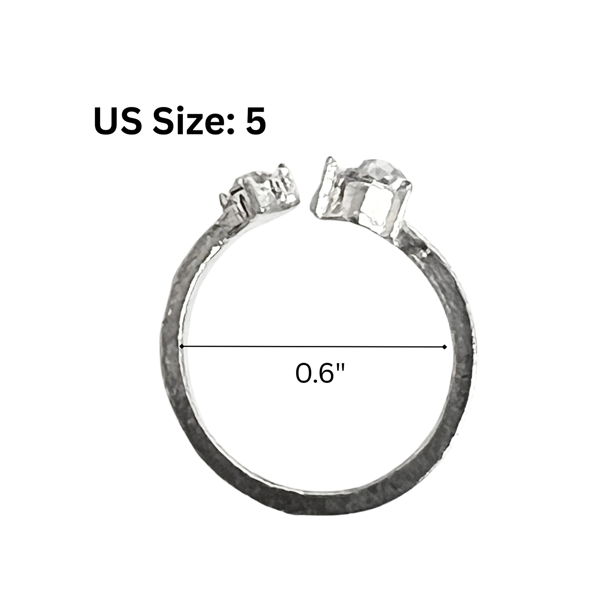 Silver ring with measurements on a white background