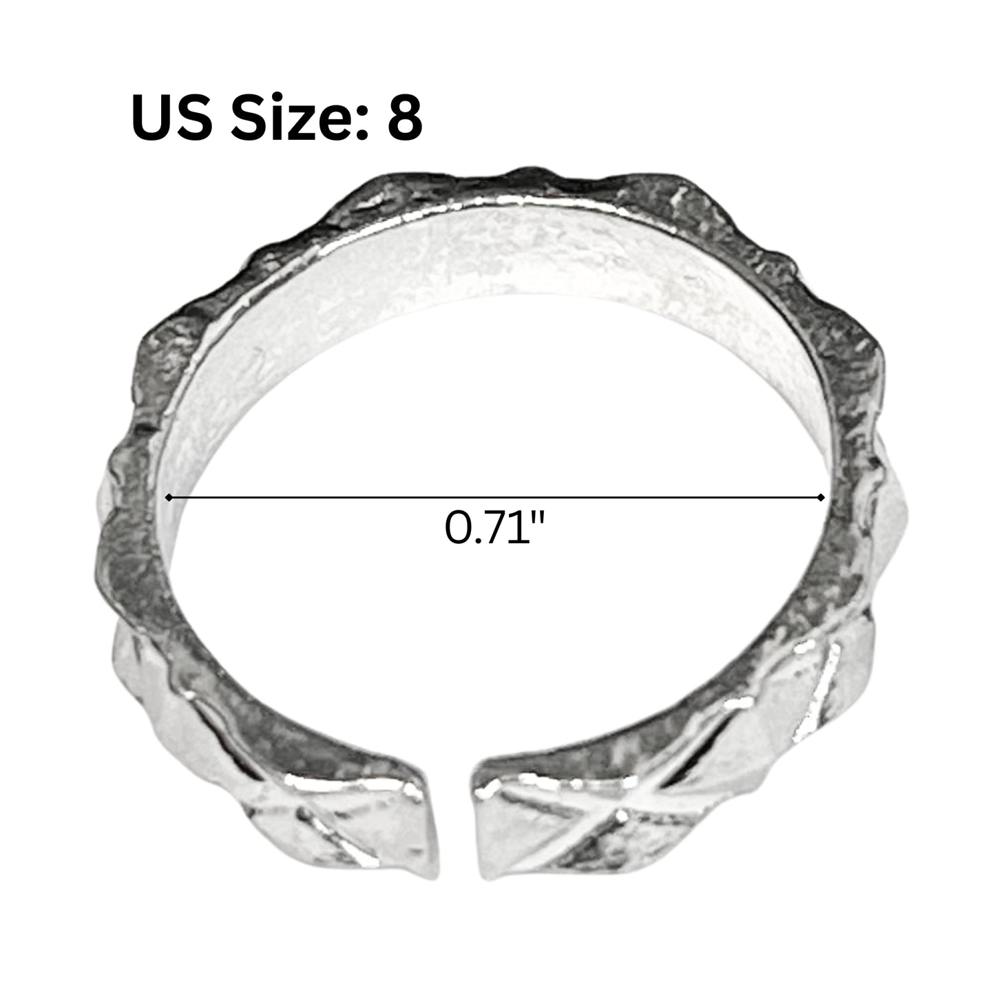 Silver ring with geometric design and size measurement on a white background