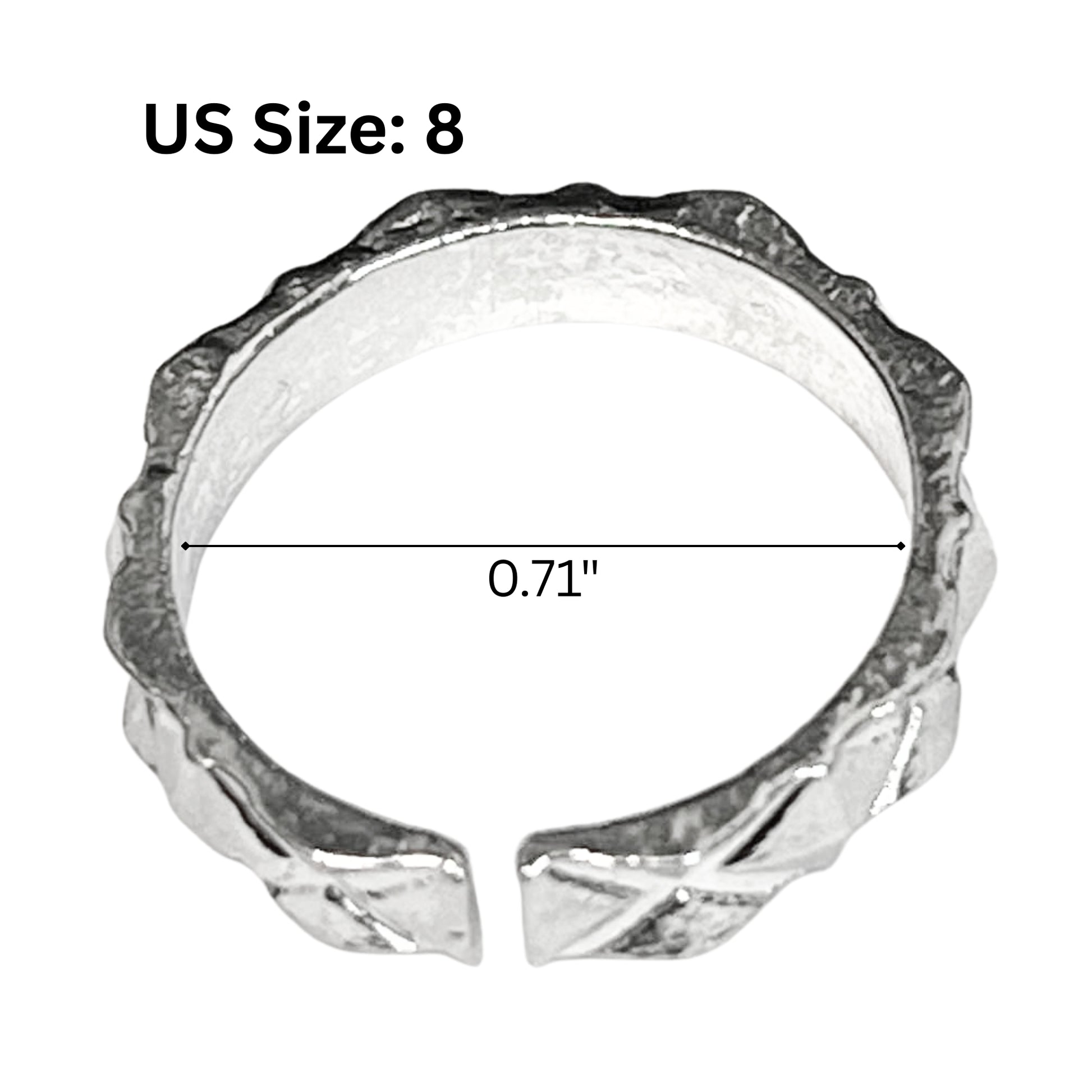 Silver ring with geometric design and size measurement on a white background