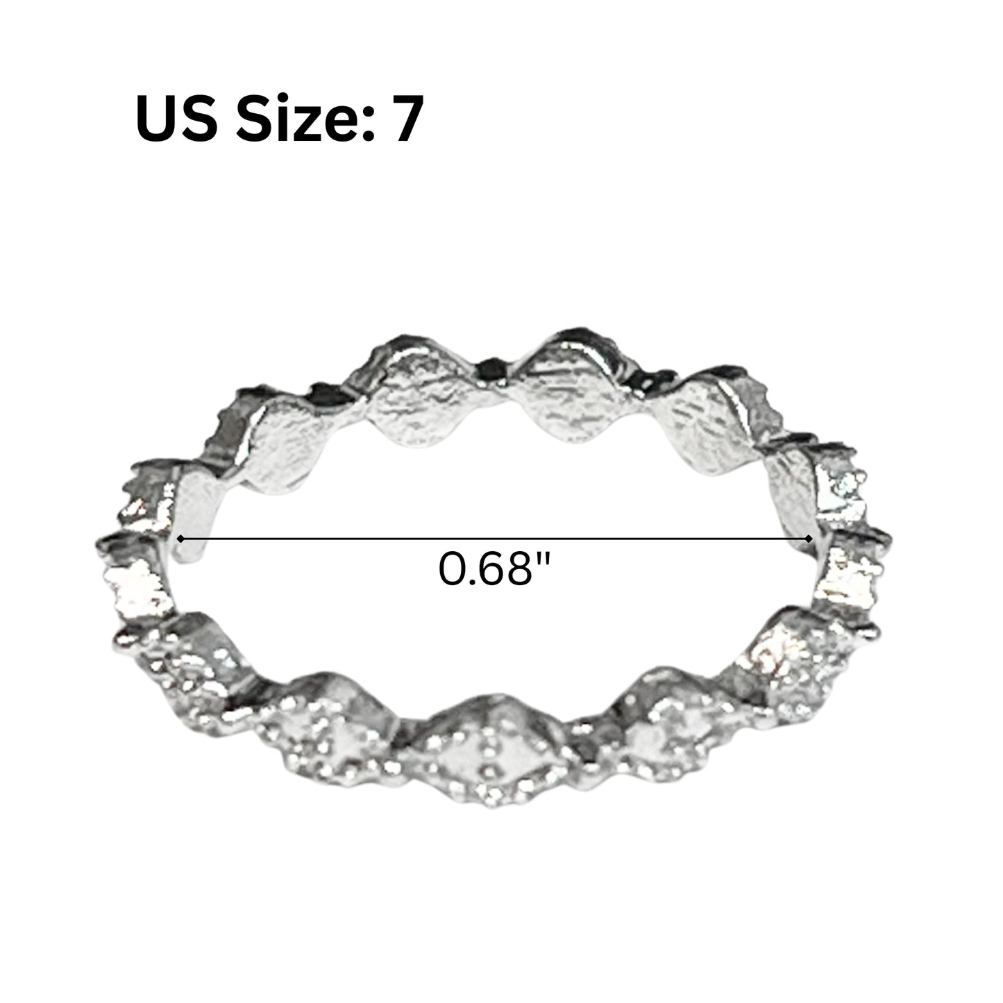 Silver ring with measurement details on a white background