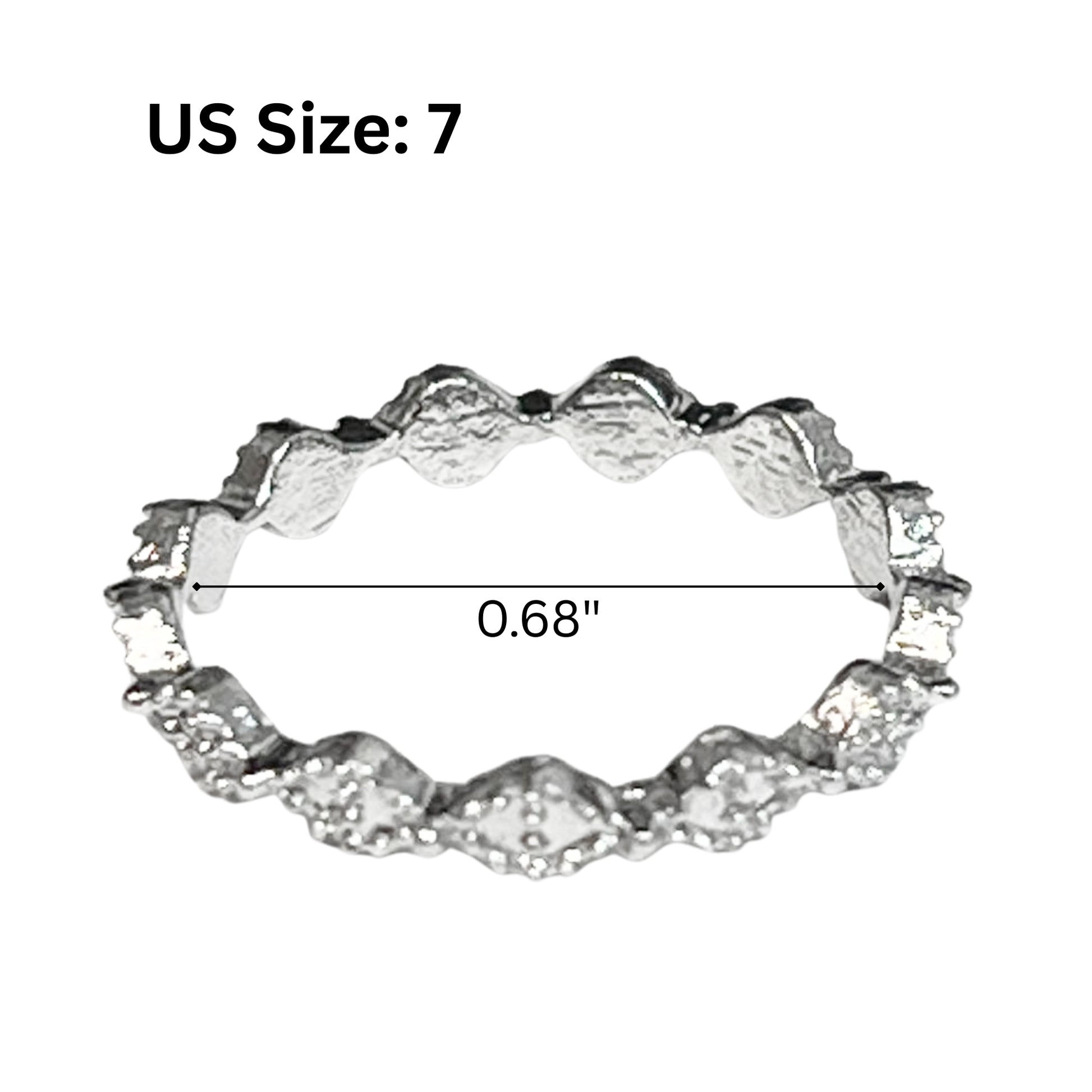 Silver ring with measurement details on a white background