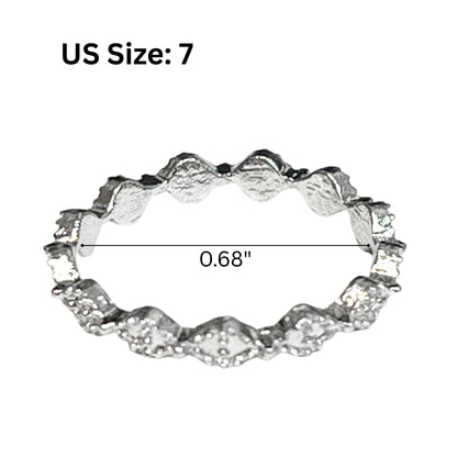 Silver ring with measurement details on a white background