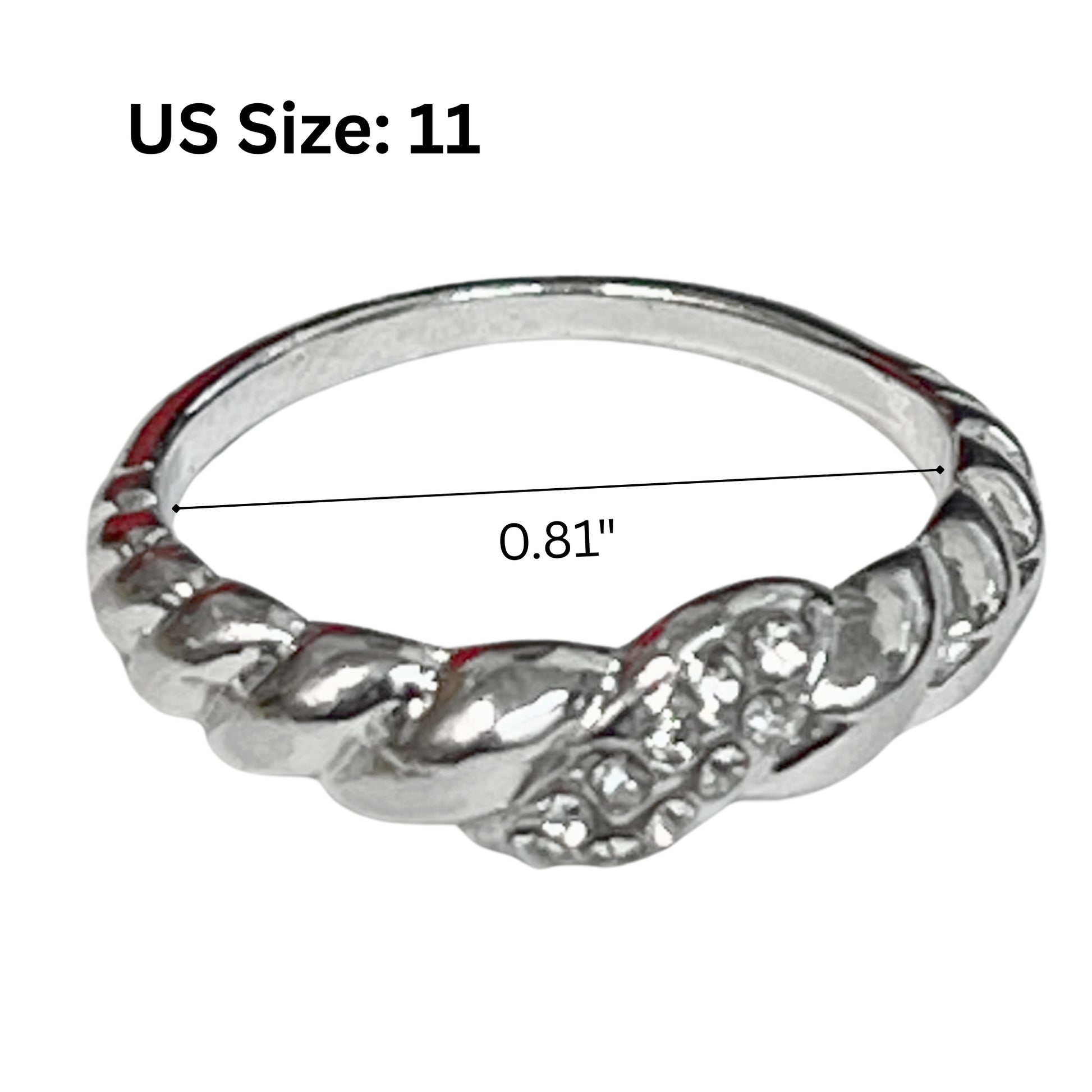 Silver ring with intricate design on a white background, size US 11.