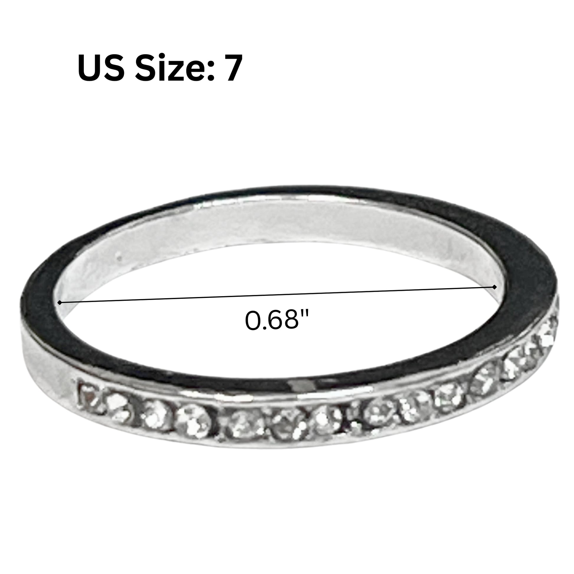 Silver ring with gemstones and measurement details on a white background