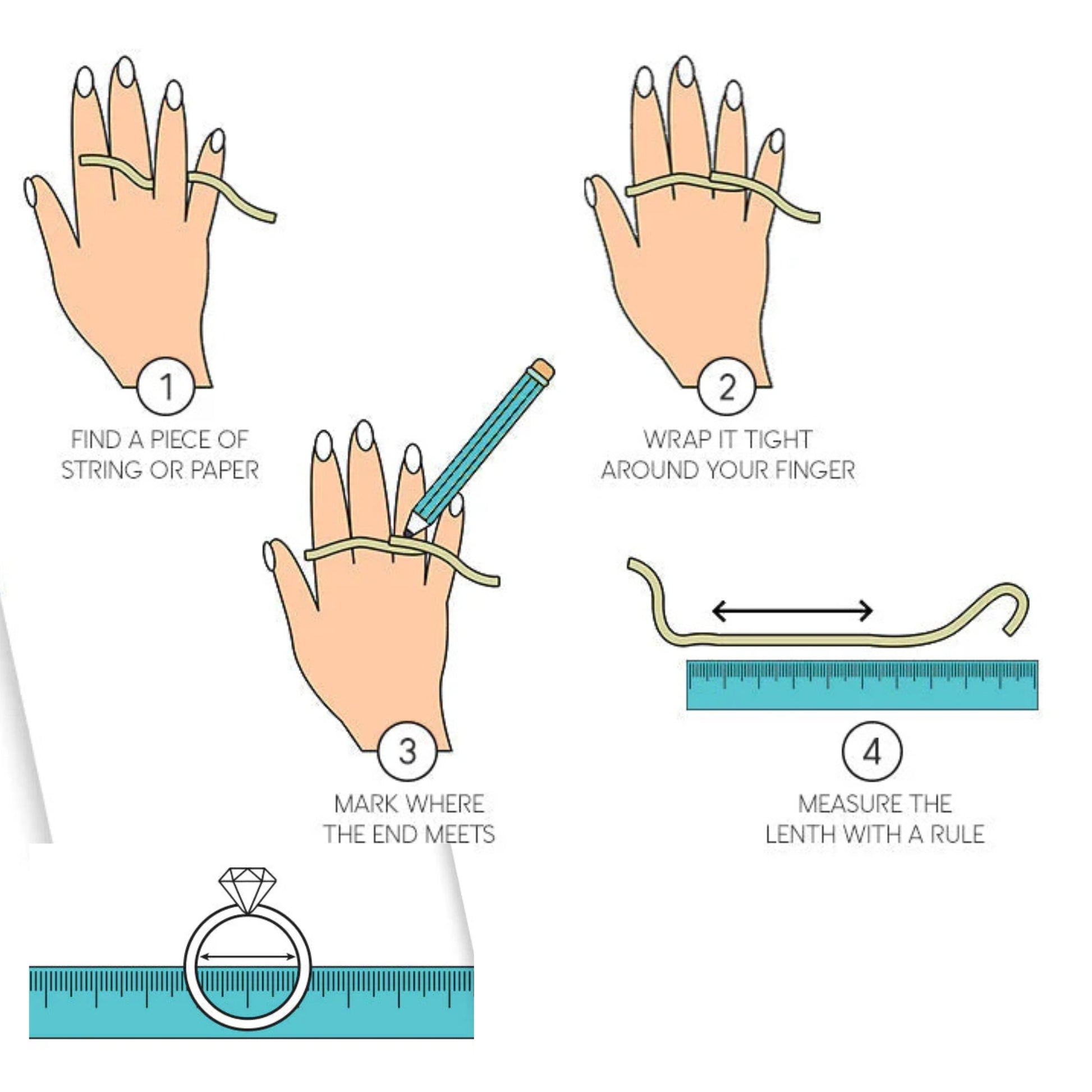 Step-by-step guide on how to measure finger size using string and a ruler.