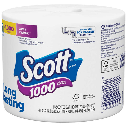 Scott toilet paper roll with branding and product details on a white background